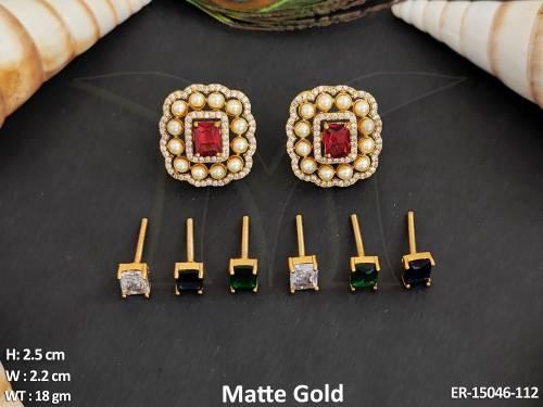 Kemp Jewellery Full Stone Pretty Design Matte Gold Polish Changeable Tops Earrings 